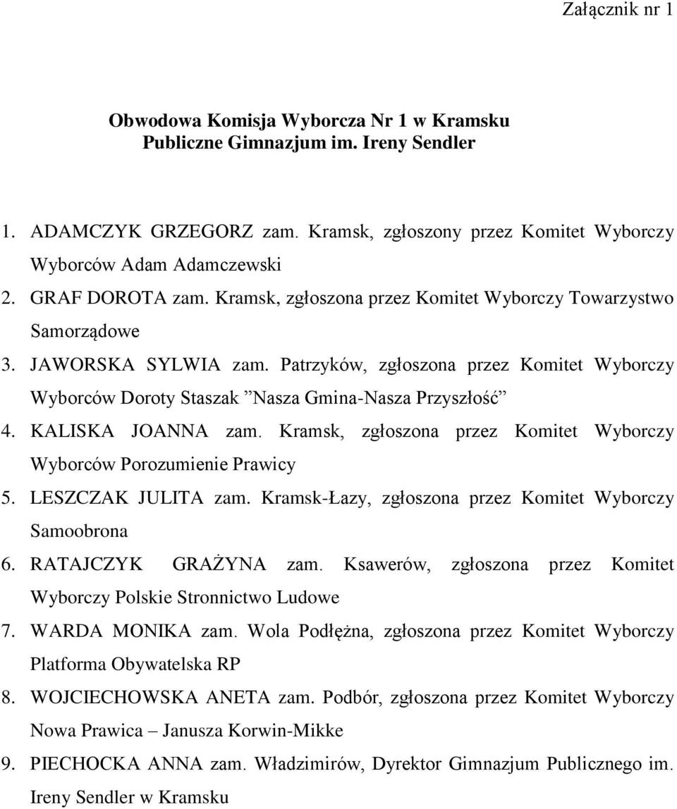 Patrzyków, zgłoszona przez Komitet Wyborczy Wyborców Doroty Staszak Nasza Gmina-Nasza Przyszłość 4. KALISKA JOANNA zam. Kramsk, zgłoszona przez Komitet Wyborczy Wyborców Porozumienie Prawicy 5.