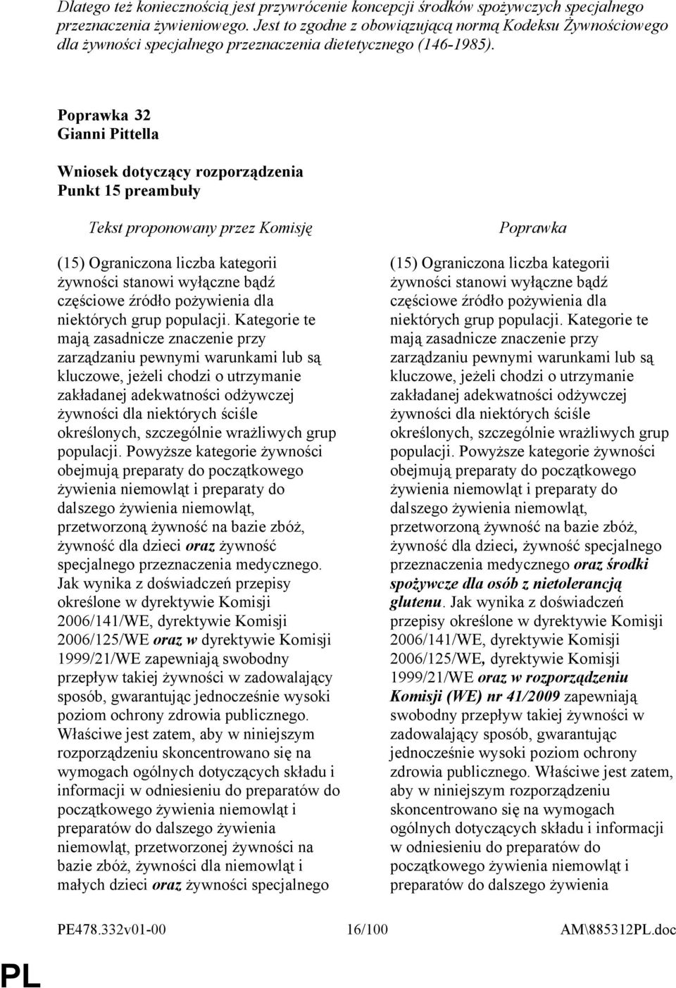 32 Gianni Pittella Punkt 15 preambuły (15) Ograniczona liczba kategorii żywności stanowi wyłączne bądź częściowe źródło pożywienia dla niektórych grup populacji.