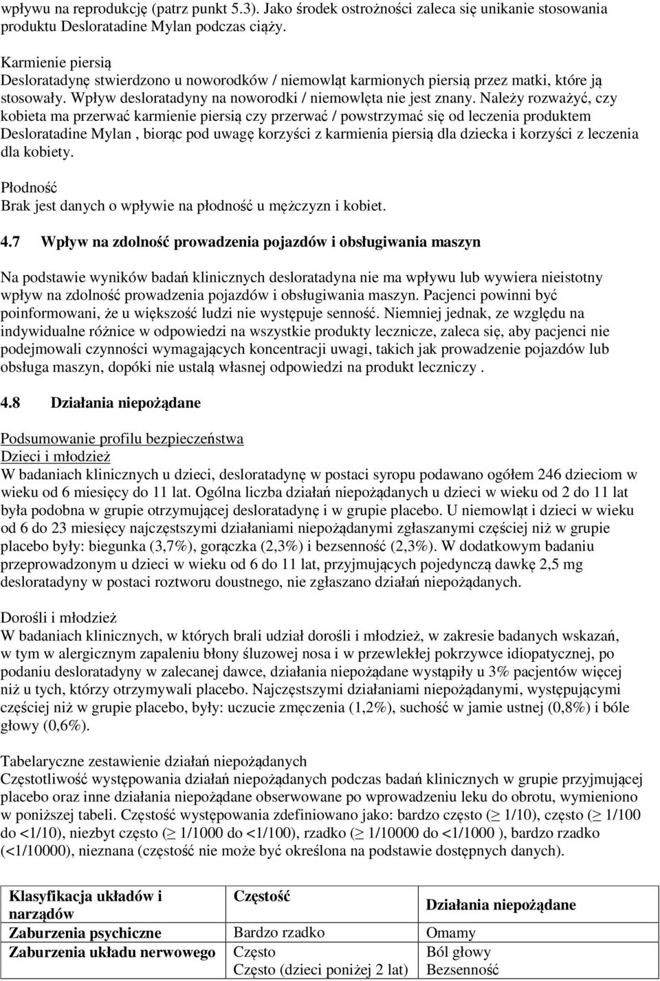 Należy rozważyć, czy kobieta ma przerwać karmienie piersią czy przerwać / powstrzymać się od leczenia produktem Desloratadine Mylan, biorąc pod uwagę korzyści z karmienia piersią dla dziecka i