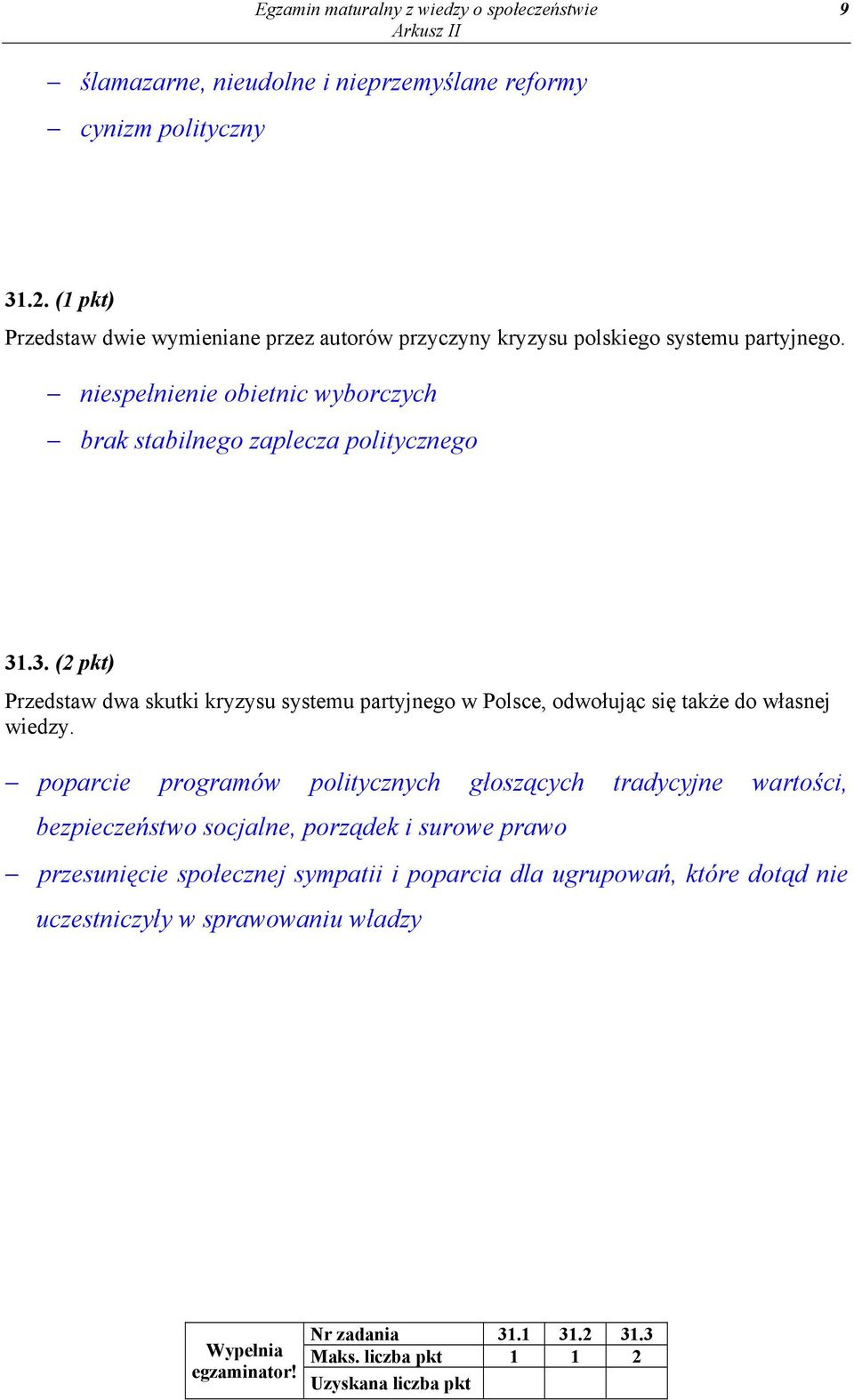 .3. (2 pkt) Przedstaw dwa skutki kryzysu systemu partyjnego w Polsce, odwołując się także do własnej wiedzy.