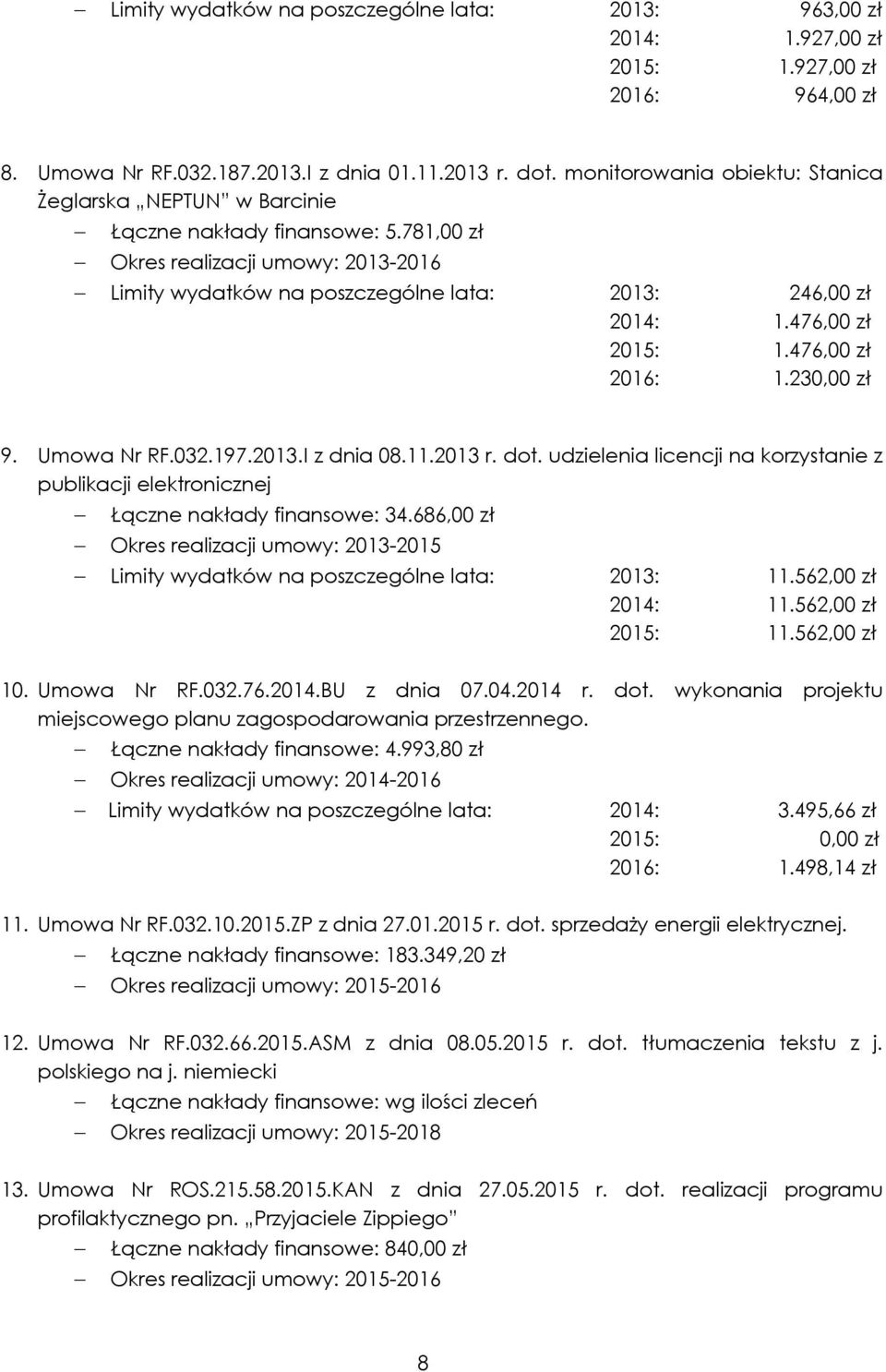 476,00 zł : 1.476,00 zł 2016: 1.230,00 zł 9. Umowa Nr RF.032.197.2013.I z dnia 08.11.2013 r. dot. udzielenia licencji na korzystanie z publikacji elektronicznej - Łączne nakłady finansowe: 34.