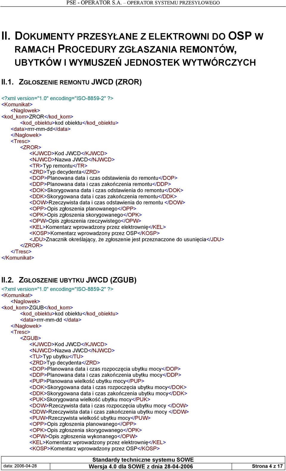 <DOK>Skorygowana data i czas odstawienia do remontu</dok> <DDK>Skorygowana data i czas zakończenia remontu</ddk> <DOW>Rzeczywista data i czas odstawienia do remontu </DOW> <OPW>Opis zgłoszenia