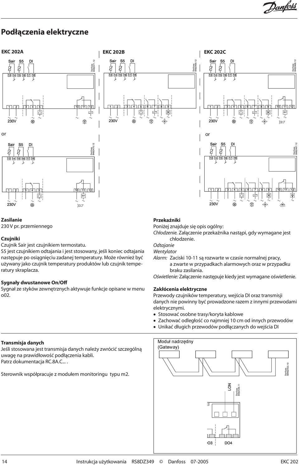 Może również być używany jako czujnik temperatury produktów lub czujnik temperatury skraplacza. Sygnały dwustanowe On/Off Sygnał ze styków zewnętrznych aktywuje funkcje opisane w menu o02.