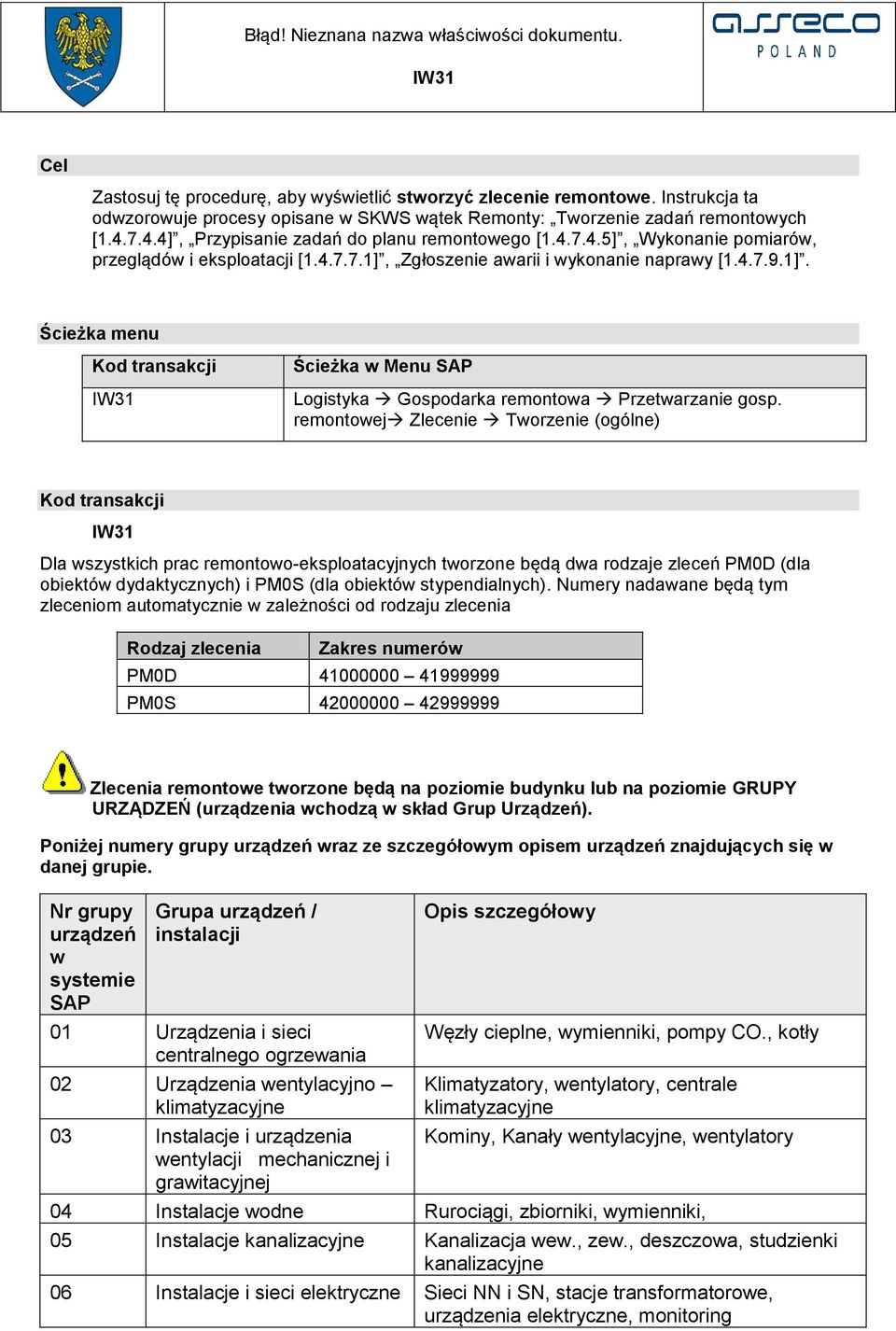 Zgłoszenie awarii i wykonanie naprawy [1.4.7.9.1]. Ścieżka menu Kod transakcji Ścieżka w Menu SAP Logistyka Gospodarka remontowa Przetwarzanie gosp.