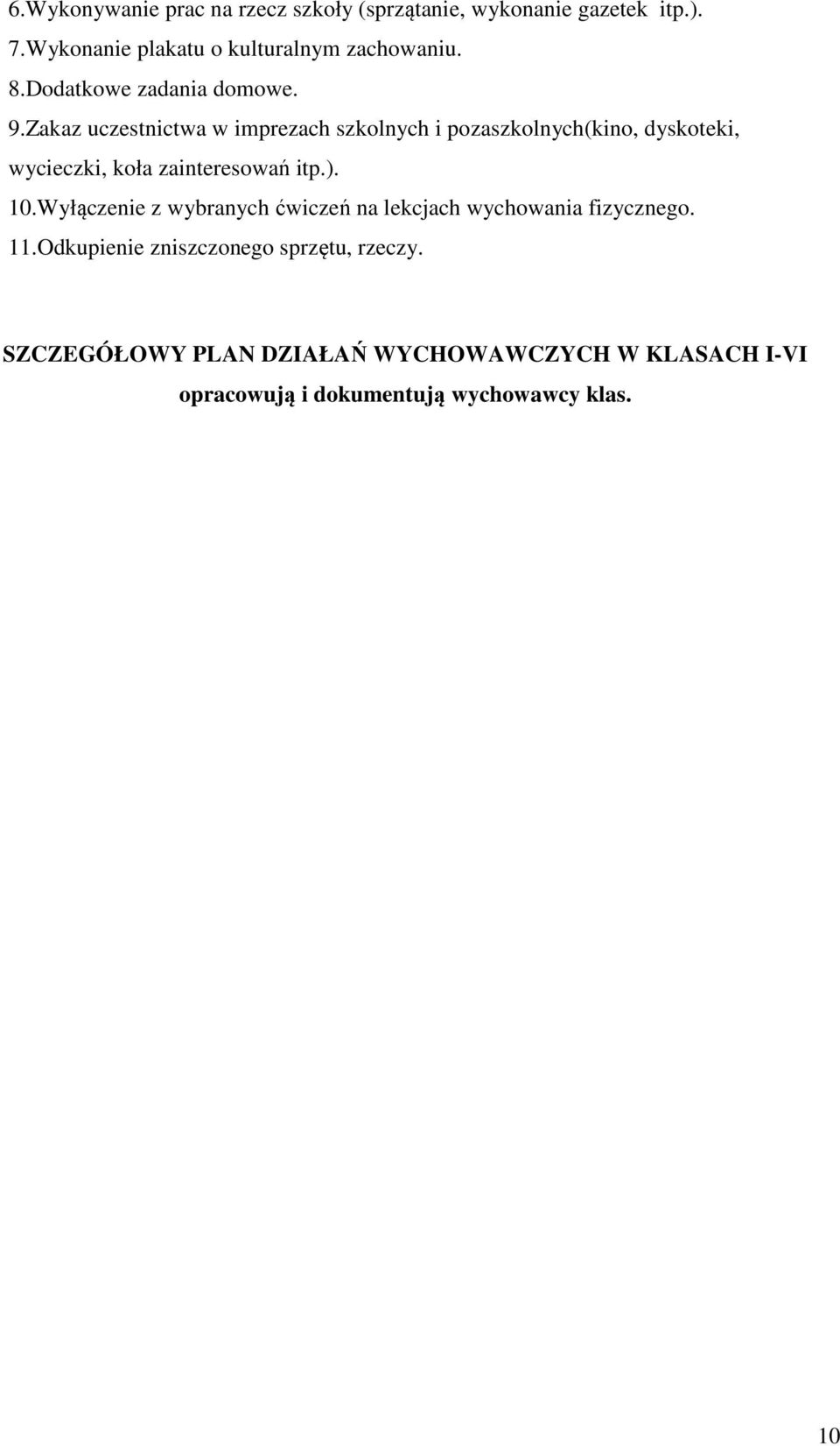Zakaz uczestnictwa w imprezach szkolnych i pozaszkolnych(kino, dyskoteki, wycieczki, koła zainteresowań itp.). 10.