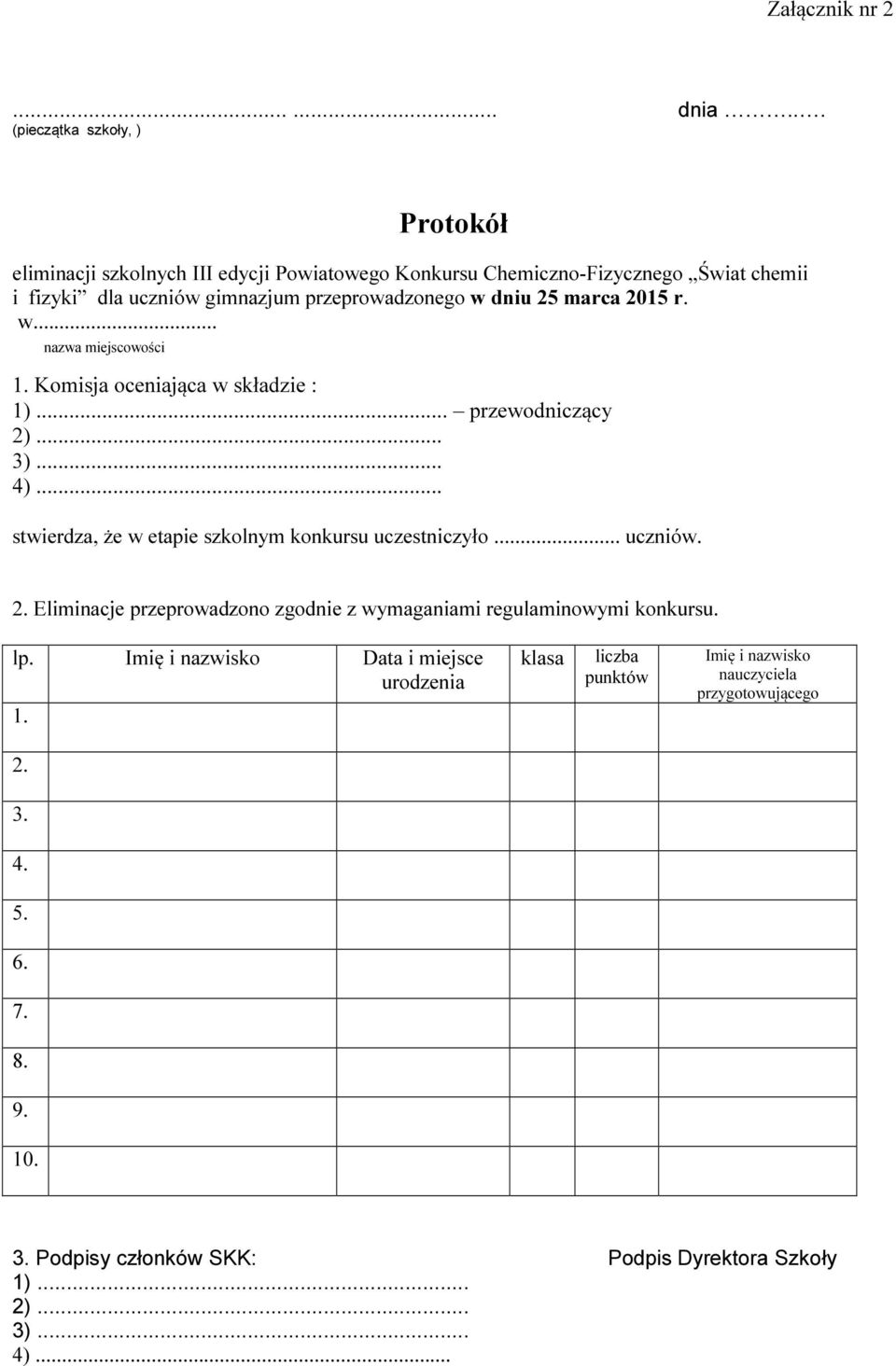 w dniu 25 marca 2015 r. w... nazwa miejscowości 1. Komisja oceniająca w składzie : 1)... przewodniczący 2)... 3)... 4).
