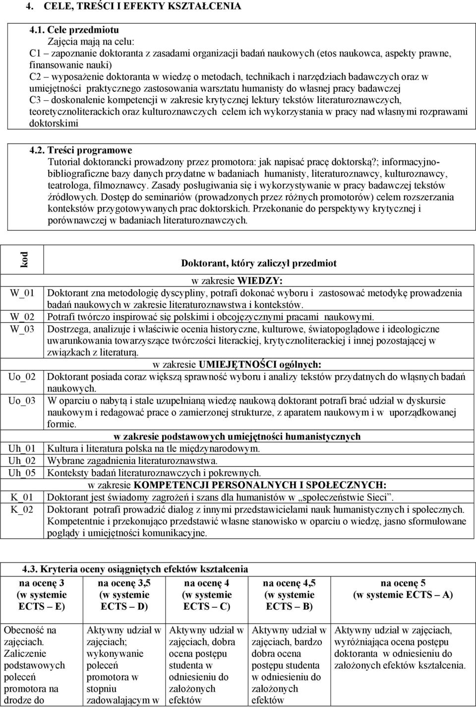 metodach, technikach i narzędziach badawczych oraz w umiejętności praktycznego zastosowania warsztatu humanisty do własnej pracy badawczej C3 doskonalenie kompetencji w zakresie krytycznej lektury