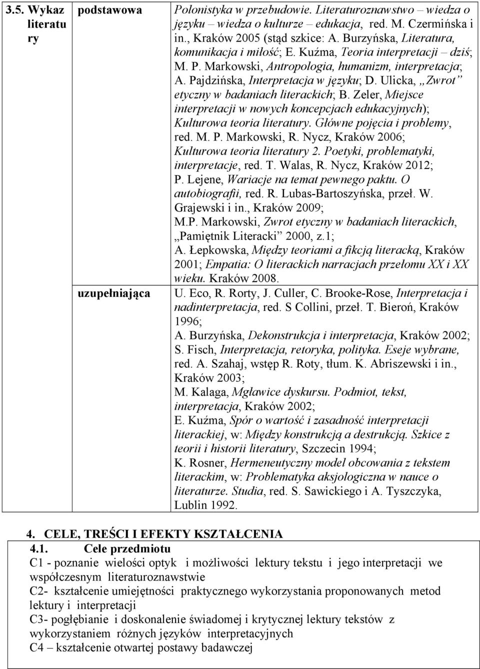 Ulicka, Zwrot etyczny w badaniach literackich; B. Zeler, Miejsce interpretacji w nowych koncepcjach edukacyjnych); Kulturowa teoria literatury. Główne pojęcia i problemy, red. M. P. Markowski, R.