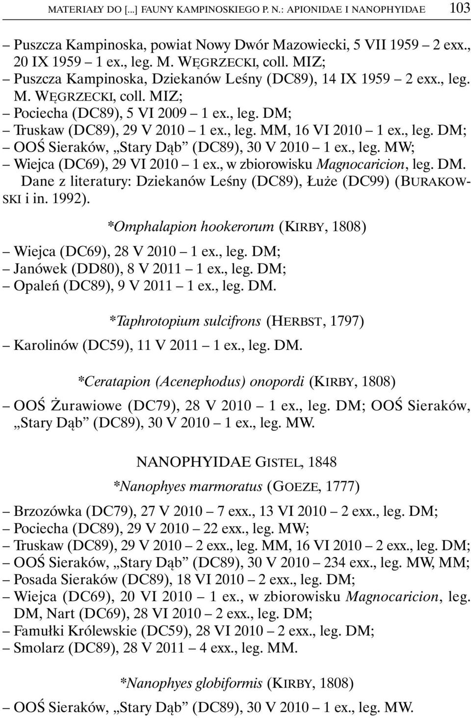 , leg. DM; OOŚ Sieraków, Stary Dąb (DC89), 30 V 2010 1 ex., leg. MW; Wiejca (DC69), 29 VI 2010 1 ex., w zbiorowisku Magnocaricion, leg. DM. Dane z literatury: Dziekanów Leśny (DC89), Łuże (DC99) (BURAKOW- SKI i in.