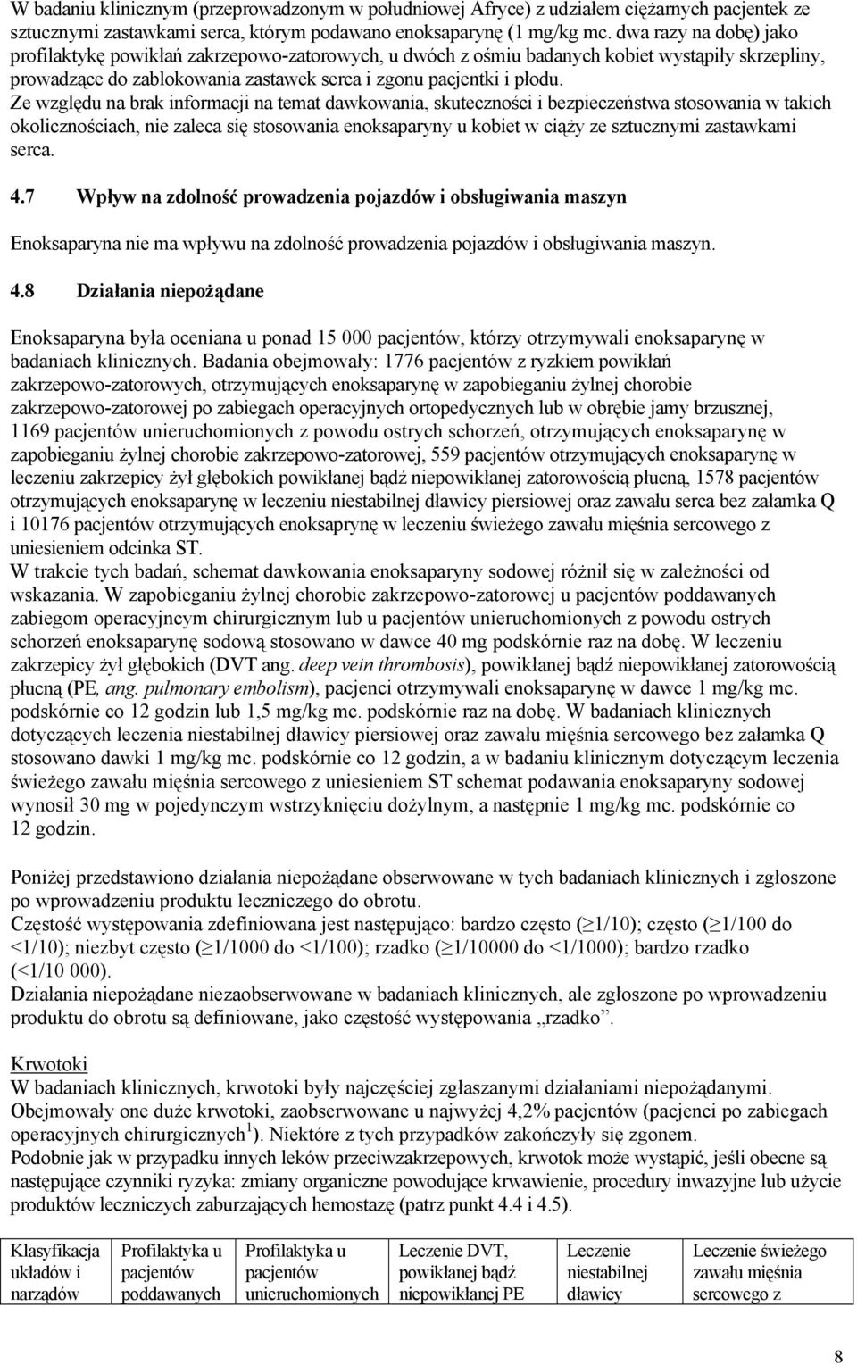 Ze względu na brak informacji na temat dawkowania, skuteczności i bezpieczeństwa stosowania w takich okolicznościach, nie zaleca się stosowania enoksaparyny u kobiet w ciąży ze sztucznymi zastawkami