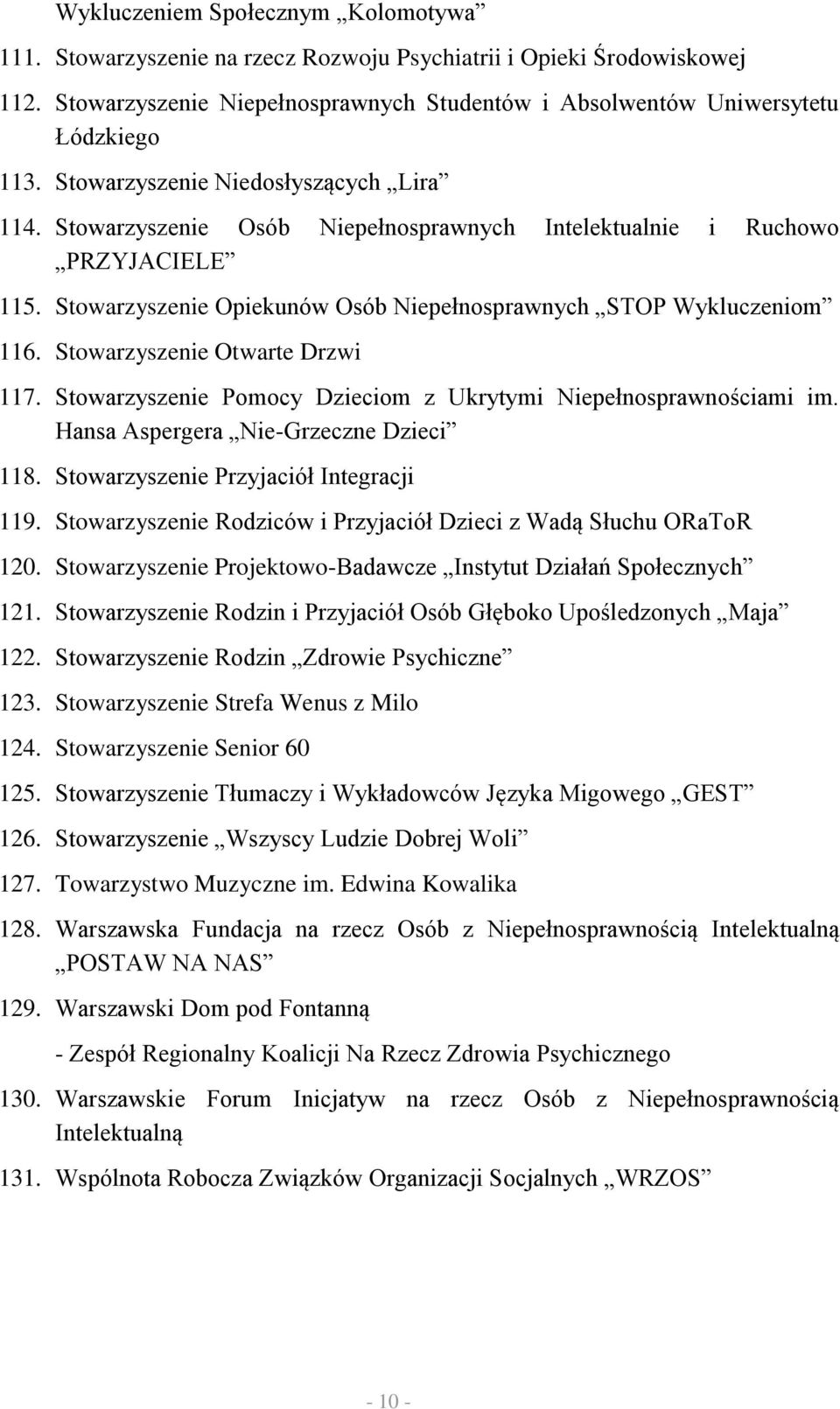 Stowarzyszenie Otwarte Drzwi 117. Stowarzyszenie Pomocy Dzieciom z Ukrytymi Niepełnosprawnościami im. Hansa Aspergera Nie-Grzeczne Dzieci 118. Stowarzyszenie Przyjaciół Integracji 119.