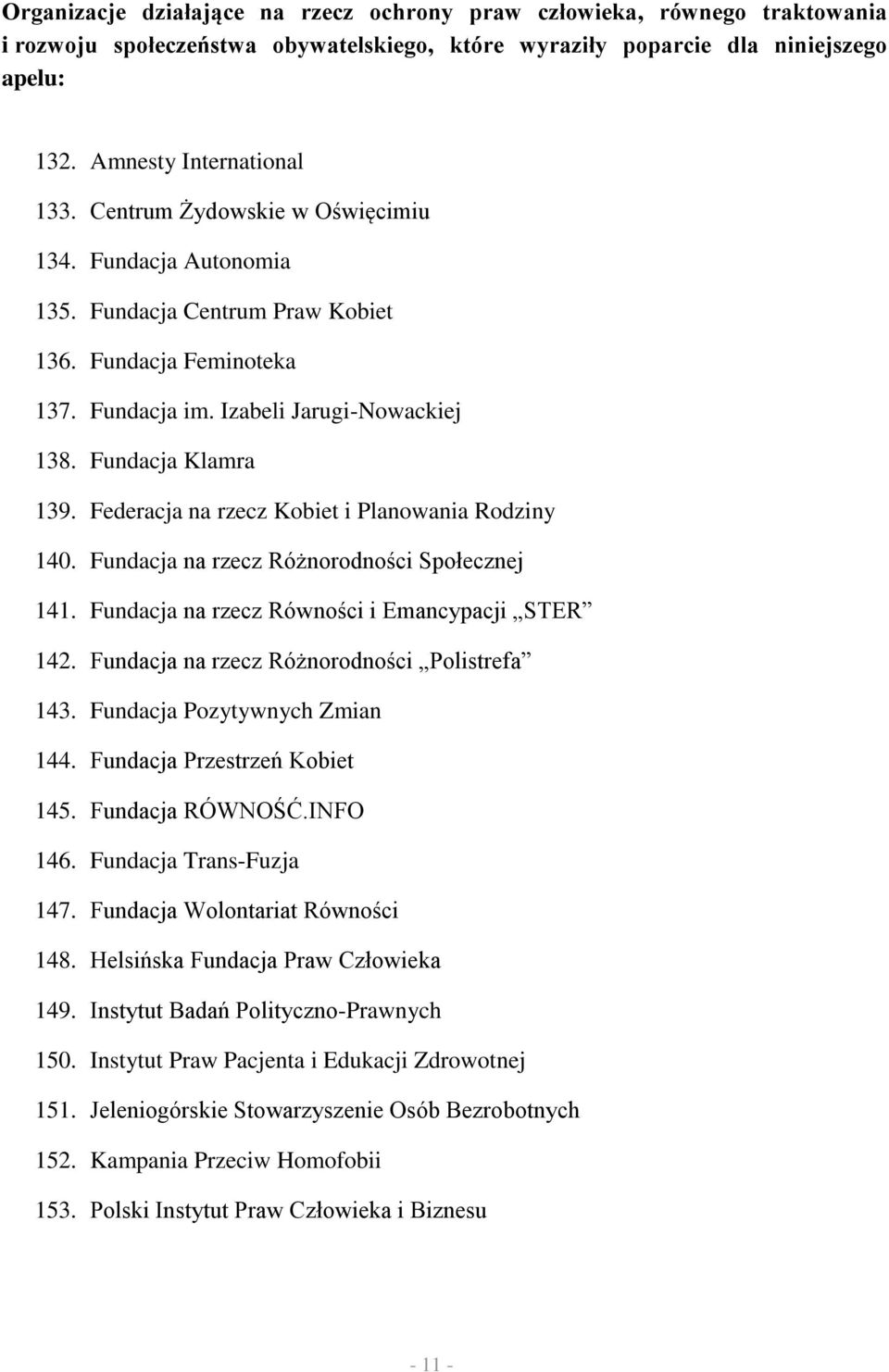 Federacja na rzecz Kobiet i Planowania Rodziny 140. Fundacja na rzecz Różnorodności Społecznej 141. Fundacja na rzecz Równości i Emancypacji STER 142. Fundacja na rzecz Różnorodności Polistrefa 143.