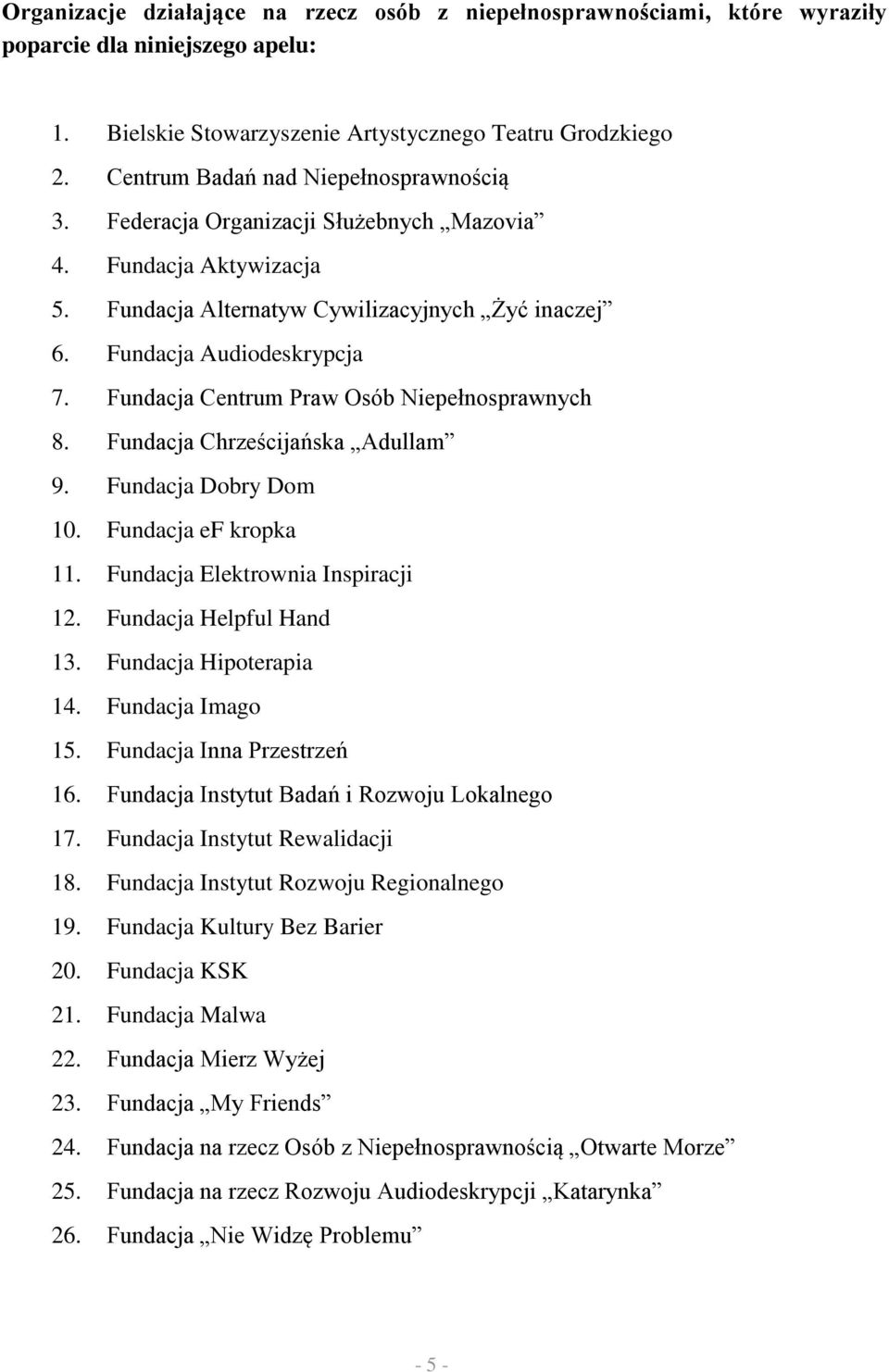 Fundacja Centrum Praw Osób Niepełnosprawnych 8. Fundacja Chrześcijańska Adullam 9. Fundacja Dobry Dom 10. Fundacja ef kropka 11. Fundacja Elektrownia Inspiracji 12. Fundacja Helpful Hand 13.