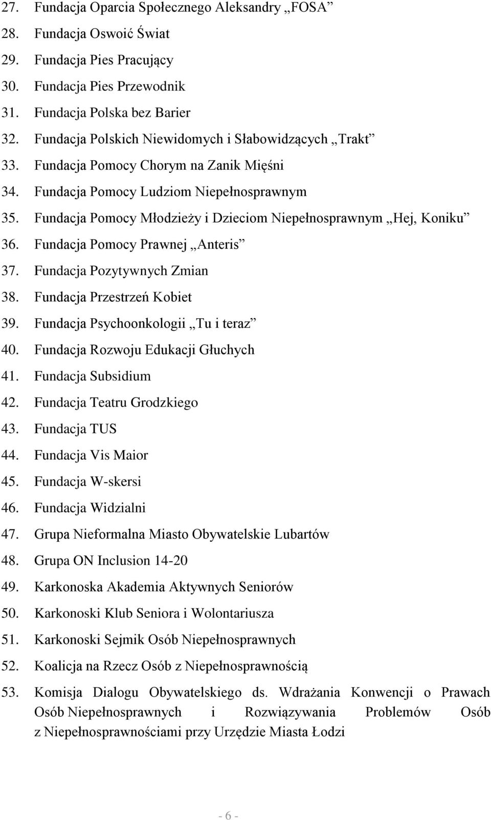 Fundacja Pomocy Młodzieży i Dzieciom Niepełnosprawnym Hej, Koniku 36. Fundacja Pomocy Prawnej Anteris 37. Fundacja Pozytywnych Zmian 38. Fundacja Przestrzeń Kobiet 39.