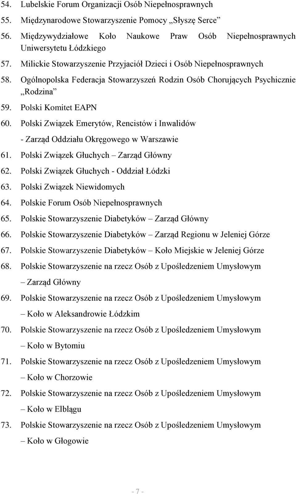 Polski Związek Emerytów, Rencistów i Inwalidów - Zarząd Oddziału Okręgowego w Warszawie 61. Polski Związek Głuchych Zarząd Główny 62. Polski Związek Głuchych - Oddział Łódzki 63.