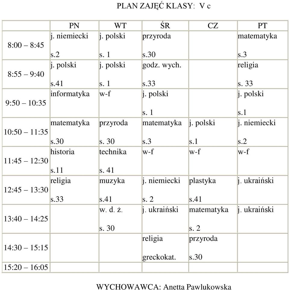 41 muzyka j. niemiecki plastyka j. ukraiński 3 s. 2 w. d. ż. j. ukraiński j.