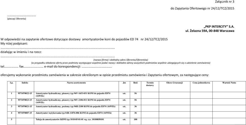 .... (nazwa (firma) i dokładny adres Oferenta/Oferentów) (w przypadku składania oferty przez podmioty występujące wspólnie podać nazwy i dokładne adresy wszystkich podmiotów wspólnie ubiegających się