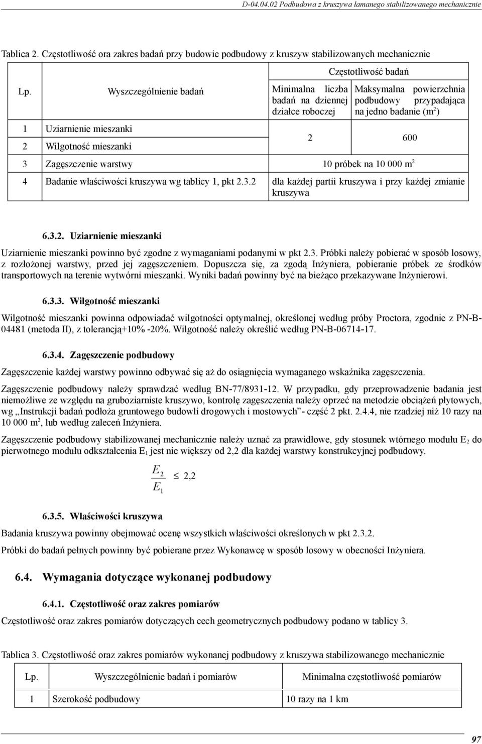 badanie (m 2 ) 2 600 3 Zagęszczenie warstwy 10 próbek na 10 000 m 2 4 Badanie właściwości kruszywa wg tablicy 1, pkt 2.3.2 dla każdej partii kruszywa i przy każdej zmianie kruszywa 6.3.2. Uziarnienie mieszanki Uziarnienie mieszanki powinno być zgodne z wymaganiami podanymi w pkt 2.