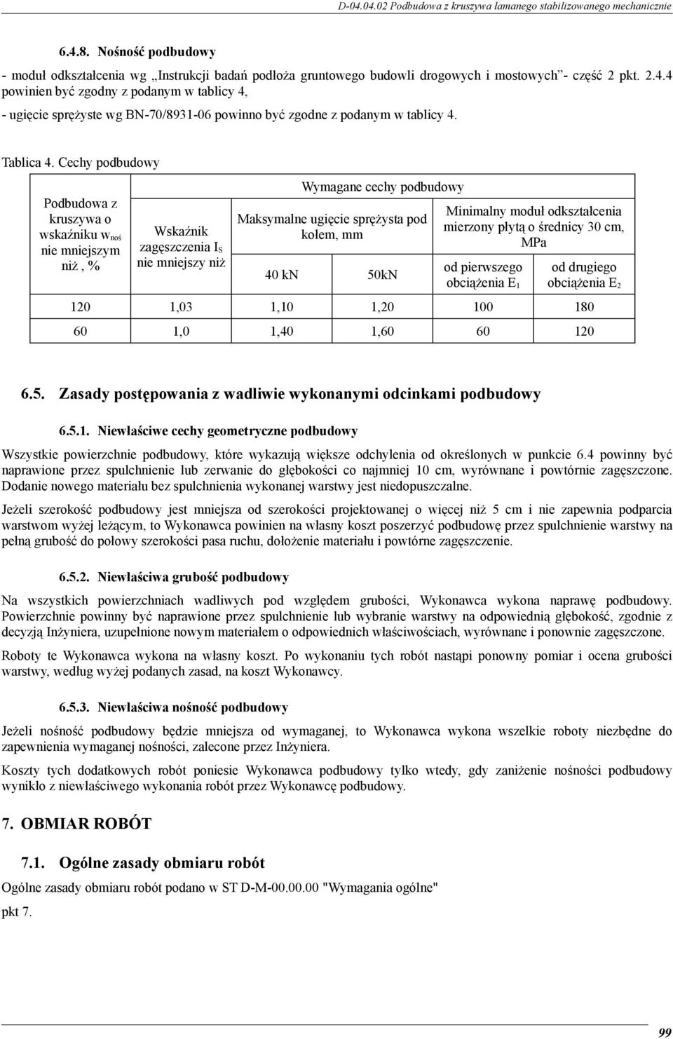 Cechy podbudowy Podbudowa z kruszywa o wskaźniku w noś nie mniejszym niż, % Wskaźnik zagęszczenia I S nie mniejszy niż Wymagane cechy podbudowy Maksymalne ugięcie sprężysta pod kołem, mm 40 kn 50kN