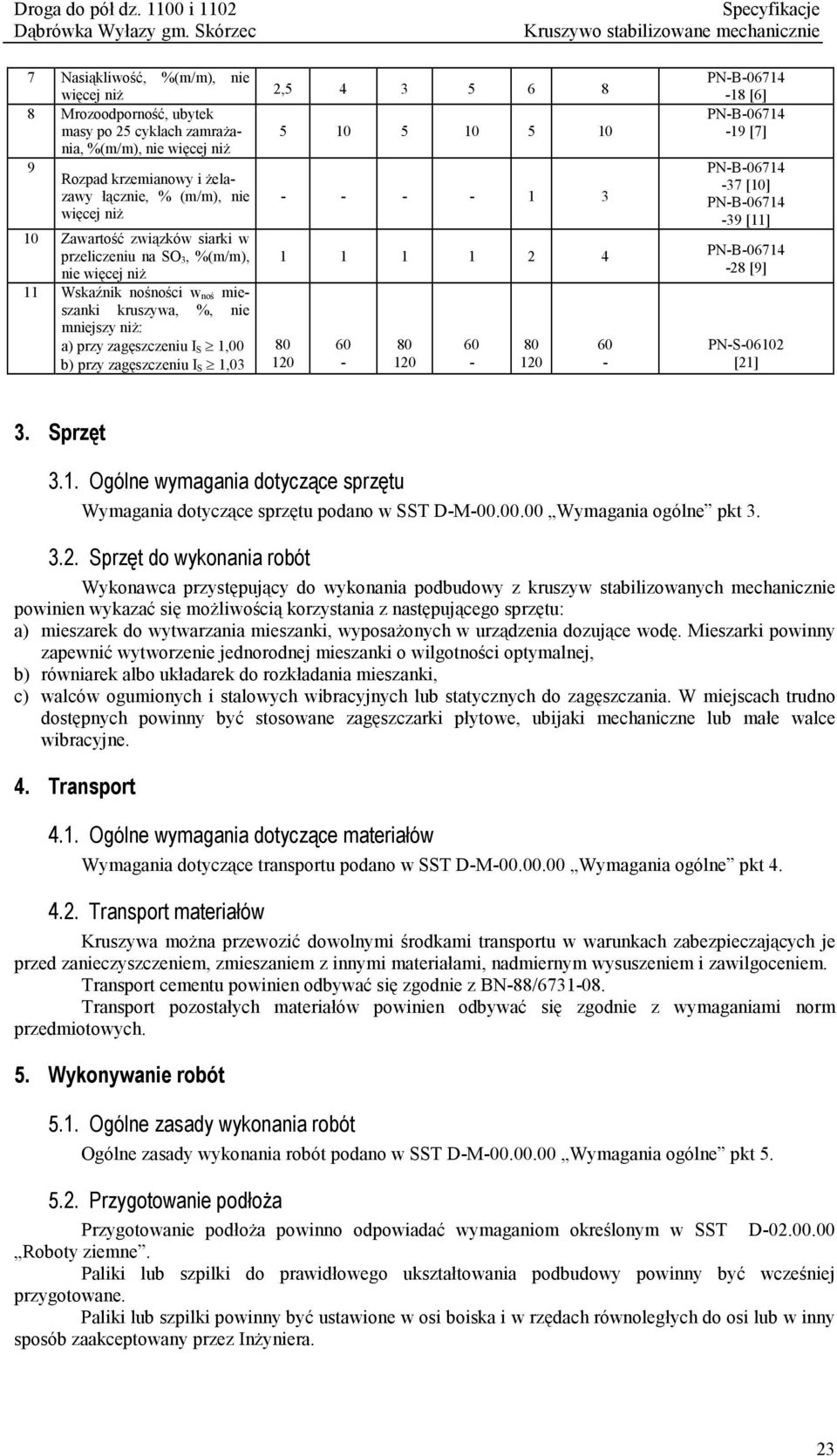 5 6 8 5 10 5 10 5 10 - - - - 1 3 1 1 1 1 2 4 80 120 60-80 120 60-80 120 60 - -18 [6] -19 [7] -37 [10] -39 [11] -28 [9] PN-S-06102 [21] 3. Sprzęt 3.1. Ogólne wymagania dotyczące sprzętu Wymagania dotyczące sprzętu podano w SST D-M-00.