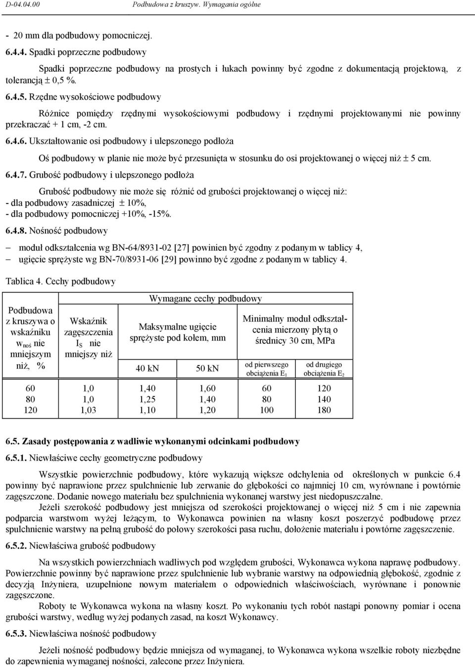 6.4.7. Grubość podbudowy i ulepszonego podłoŝa Grubość podbudowy nie moŝe się róŝnić od grubości projektowanej o więcej niŝ: - dla podbudowy zasadniczej ± 10%, - dla podbudowy pomocniczej +10%, -15%.