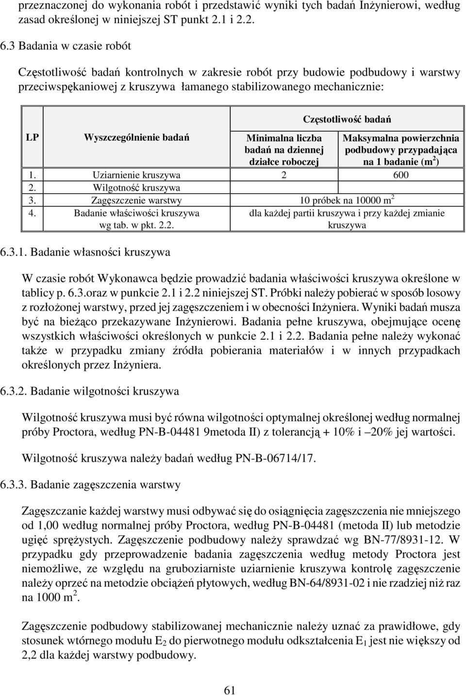 badań Minimalna liczba badań na dziennej działce roboczej Częstotliwość badań Maksymalna powierzchnia podbudowy przypadająca na 1 badanie (m 2 ) 1. Uziarnienie kruszywa 2 600 2. Wilgotność kruszywa 3.