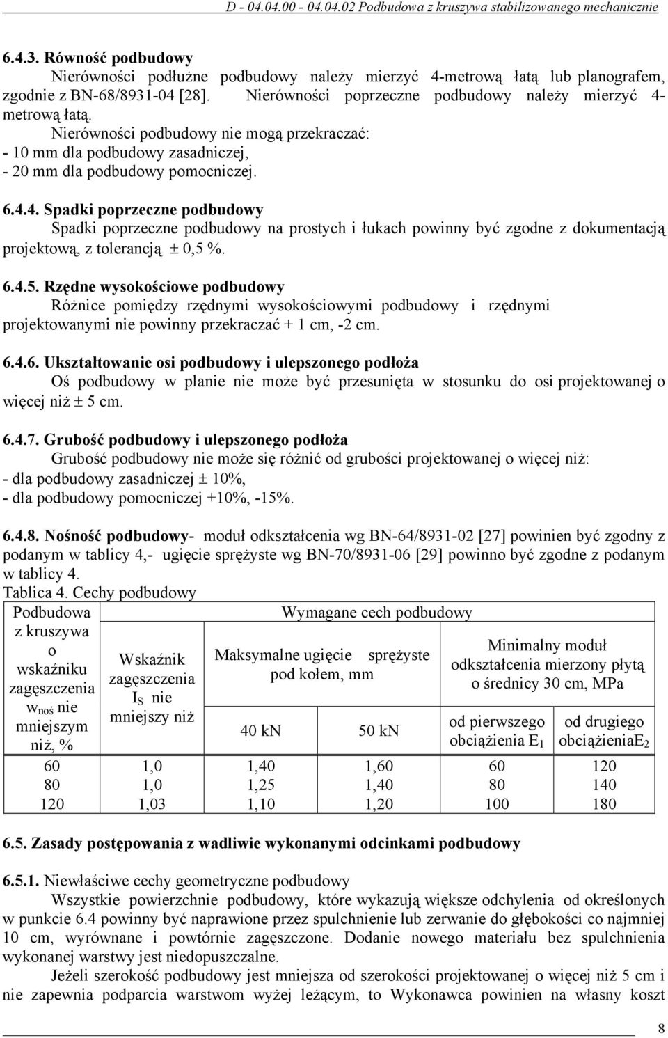 4. Spadki poprzeczne podbudowy Spadki poprzeczne podbudowy na prostych i łukach powinny być zgodne z dokumentacją projektową, z tolerancją ± 0,5 