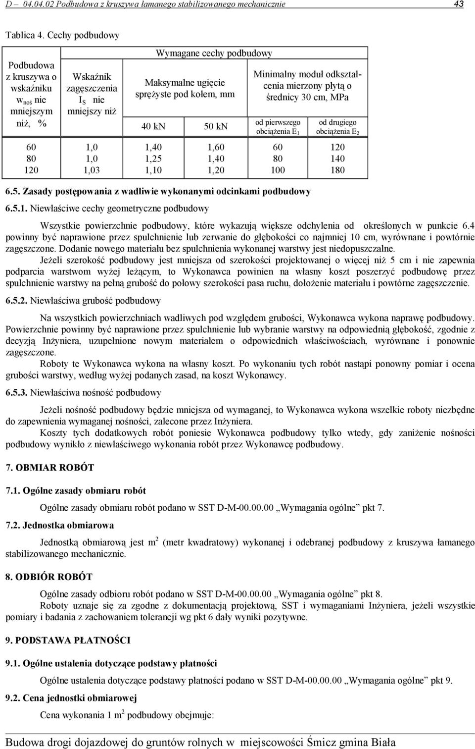 60 80 120 1,0 1,0 1,03 1,40 1,25 1,10 1,60 1,40 1,20 Minimalny moduł odkształcenia mierzony płytą o średnicy 30 cm, MPa od pierwszego obciążenia E 1 od drugiego obciążenia E 2 60 80 100 6.5. Zasady postępowania z wadliwie wykonanymi odcinkami podbudowy 6.