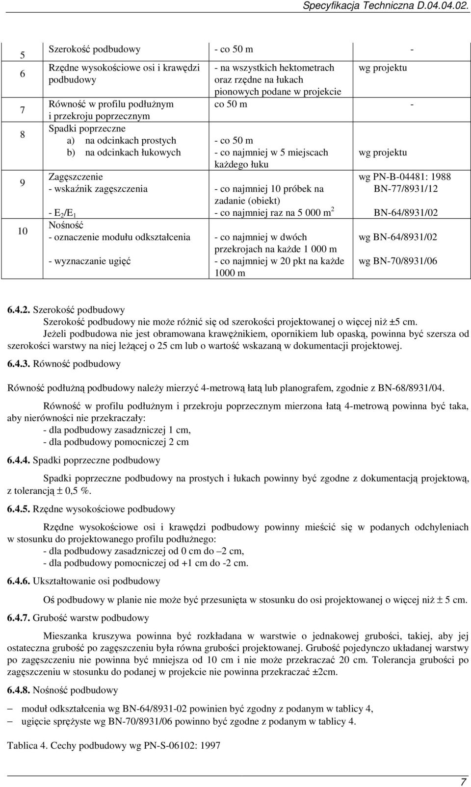 pionowych podane w projekcie co 50 m - - co 50 m - co najmniej w 5 miejscach kaŝdego łuku - co najmniej 10 próbek na zadanie (obiekt) - co najmniej raz na 5 000 m 2 - co najmniej w dwóch przekrojach