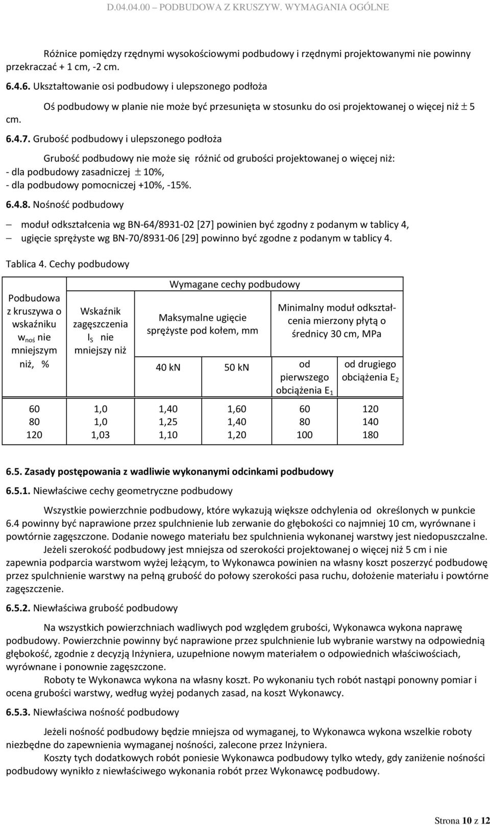 Grubość podbudowy i ulepszonego podłoża Grubość podbudowy nie może się różnić od grubości projektowanej o więcej niż: - dla podbudowy zasadniczej ± 10%, - dla podbudowy pomocniczej +10%, -15%. 6.4.8.