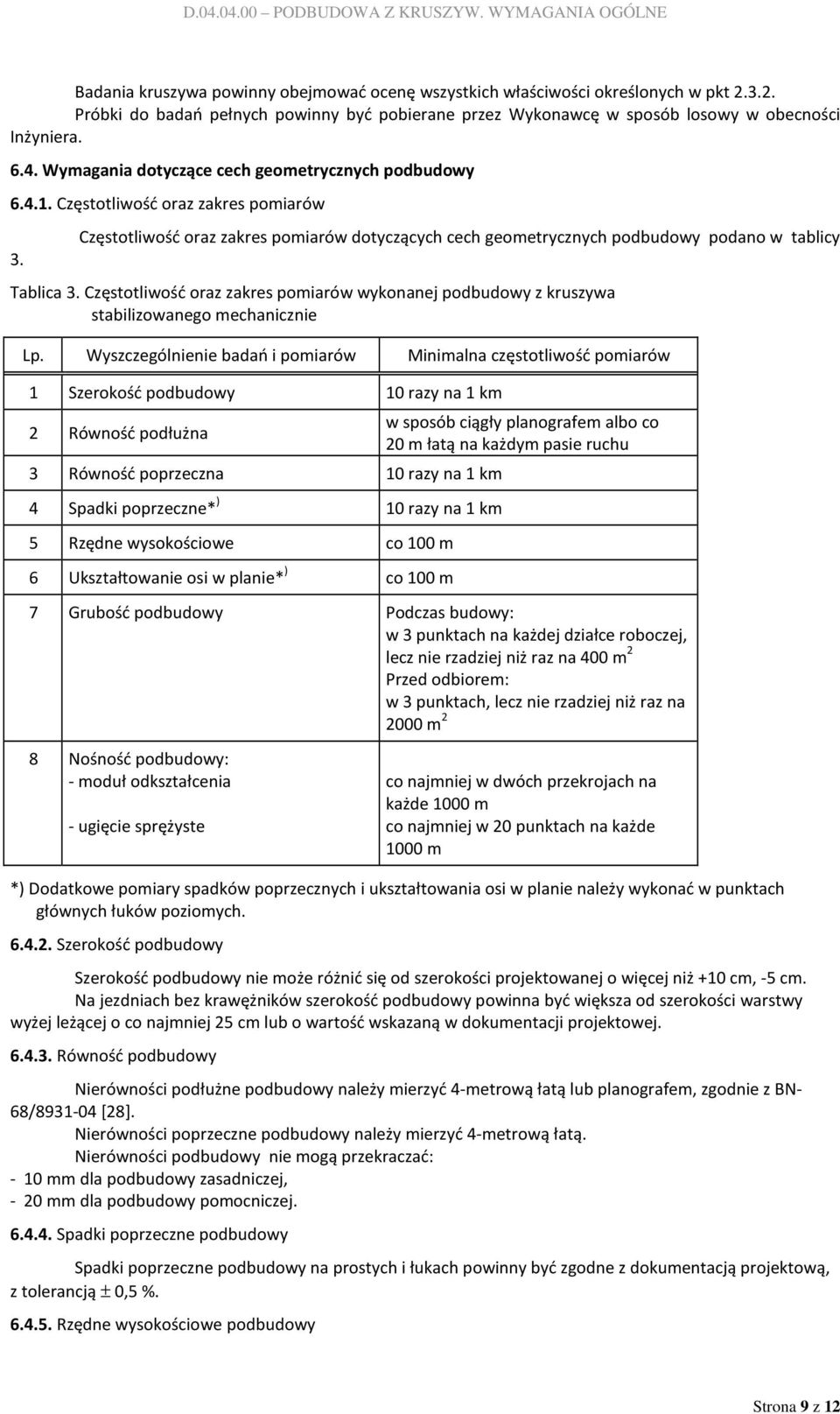 Częstotliwość oraz zakres pomiarów wykonanej podbudowy z kruszywa stabilizowanego mechanicznie Lp.