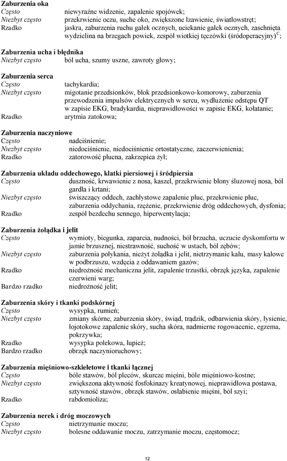 Niezbyt często tachykardia; migotanie przedsionków, blok przedsionkowo-komorowy, zaburzenia przewodzenia impulsów elektrycznych w sercu, wydłużenie odstępu QT w zapisie EKG, bradykardia,