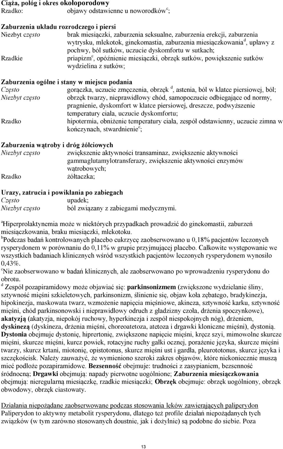 sutków wydzielina z sutków; Zaburzenia ogólne i stany w miejscu podania gorączka, uczucie zmęczenia, obrzęk d, astenia, ból w klatce piersiowej, ból; Niezbyt często obrzęk twarzy, nieprawidłowy chód,