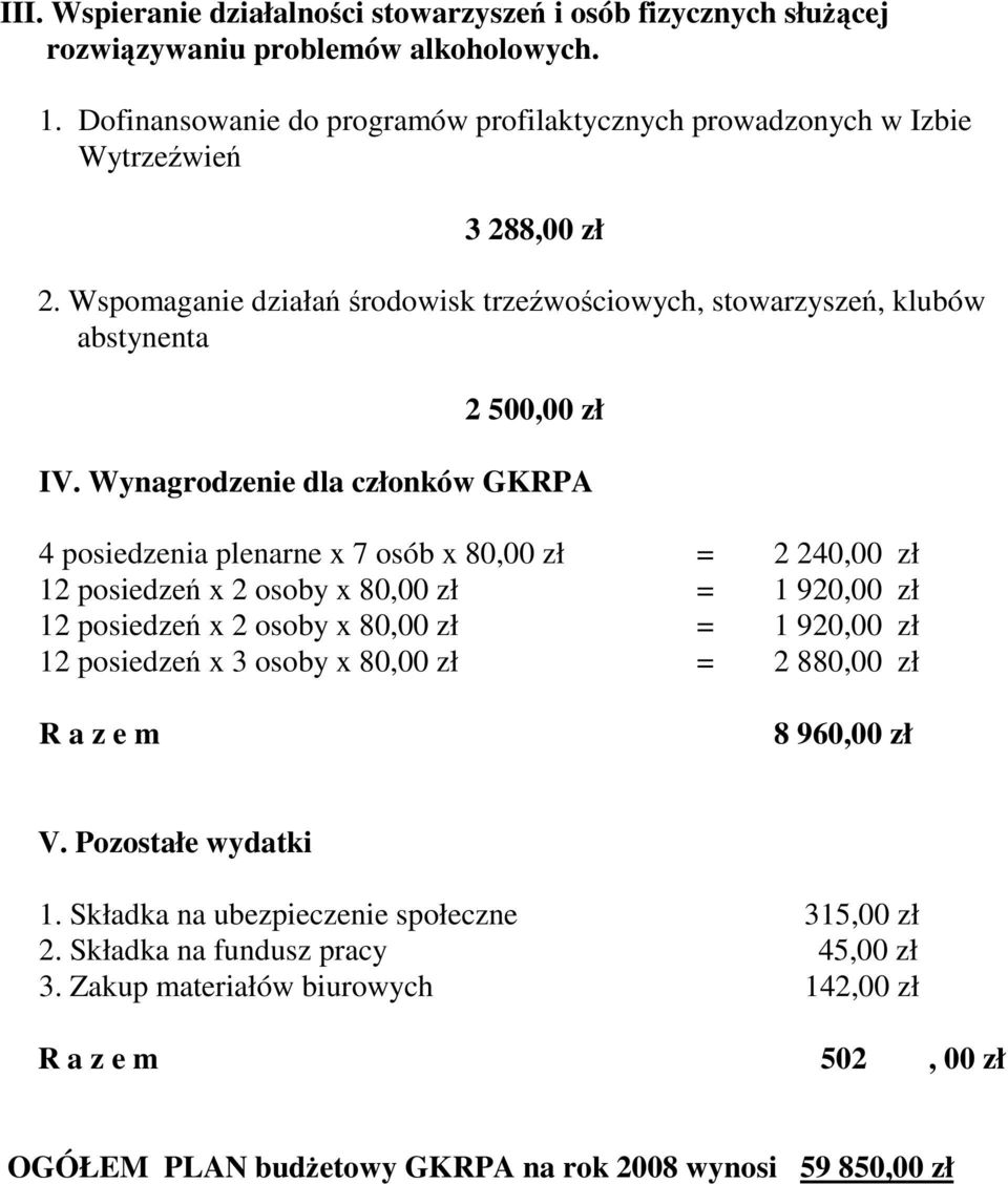 Wynagrodzenie dla członków GKRPA 4 posiedzenia plenarne x 7 osób x 80,00 zł = 2 240,00 zł 12 posiedzeń x 2 osoby x 80,00 zł = 1 920,00 zł 12 posiedzeń x 2 osoby x 80,00 zł = 1 920,00 zł 12