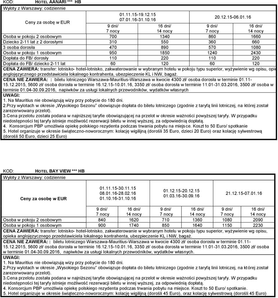 220 110 220 Dopłata do FB/ dziecko 2-11 lat 60 120 60 120 terminie 01.04-30.09.2016, napiwków za usługi lokalnych przewodników, wydatków własnych 5.