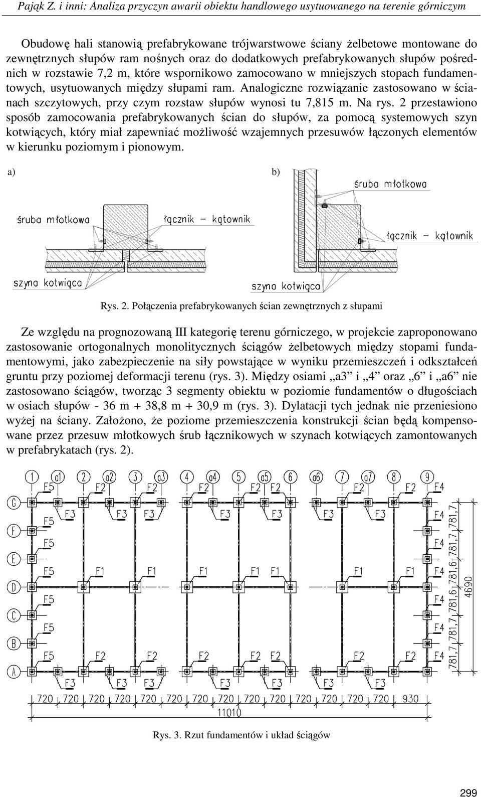 oraz do dodatkowych prefabrykowanych słupów pośrednich w rozstawie 7,2 m, które wspornikowo zamocowano w mniejszych stopach fundamentowych, usytuowanych między słupami ram.