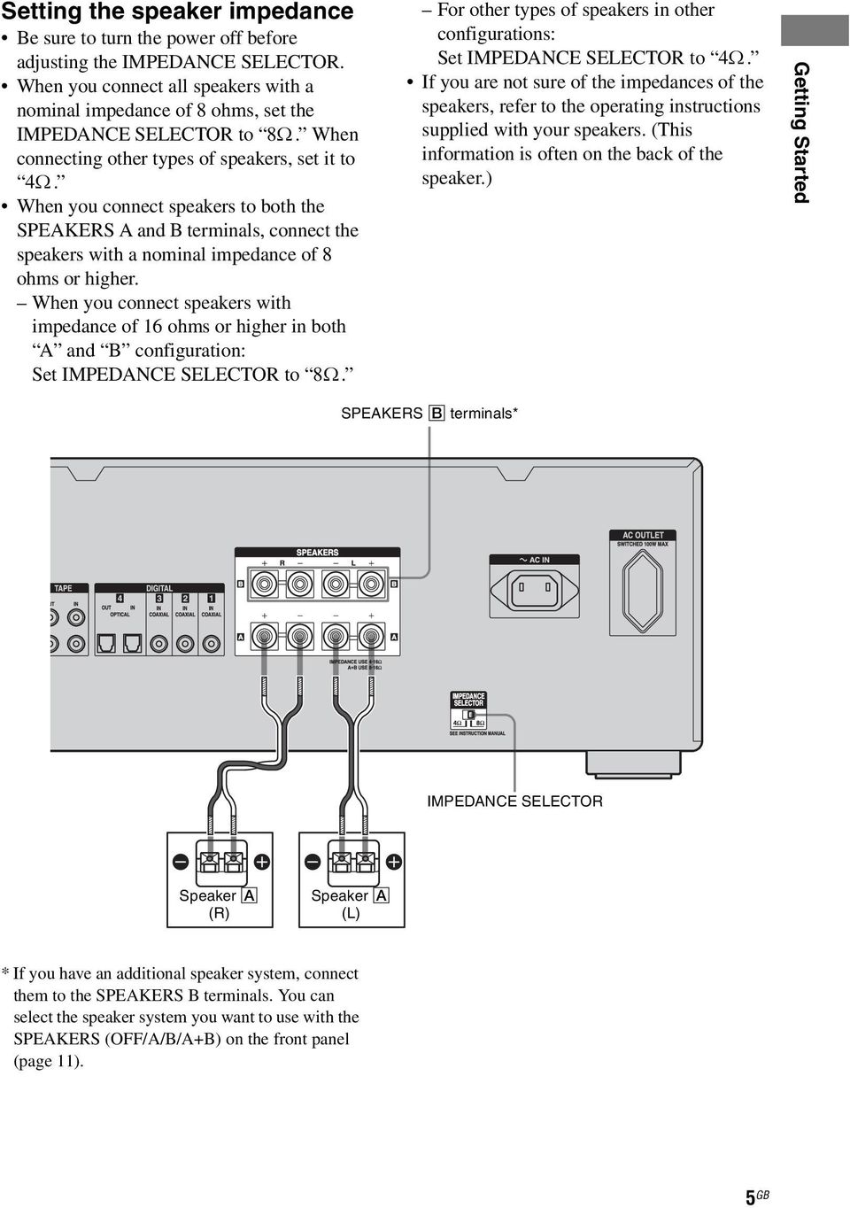 When you connect speakers with impedance of 16 ohms or higher in both A and B configuration: Set IMPEDANCE SELECTOR to 8Ω.