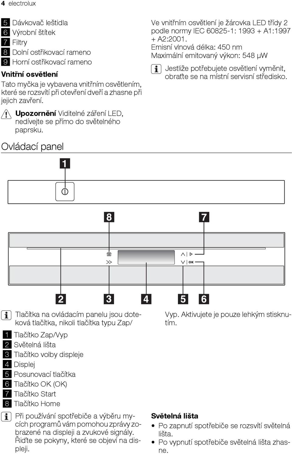 Ovládací panel Ve vnitřním osvětlení je žárovka LED třídy 2 podle normy IEC 60825-1: 1993 + A1:1997 + A2:2001.