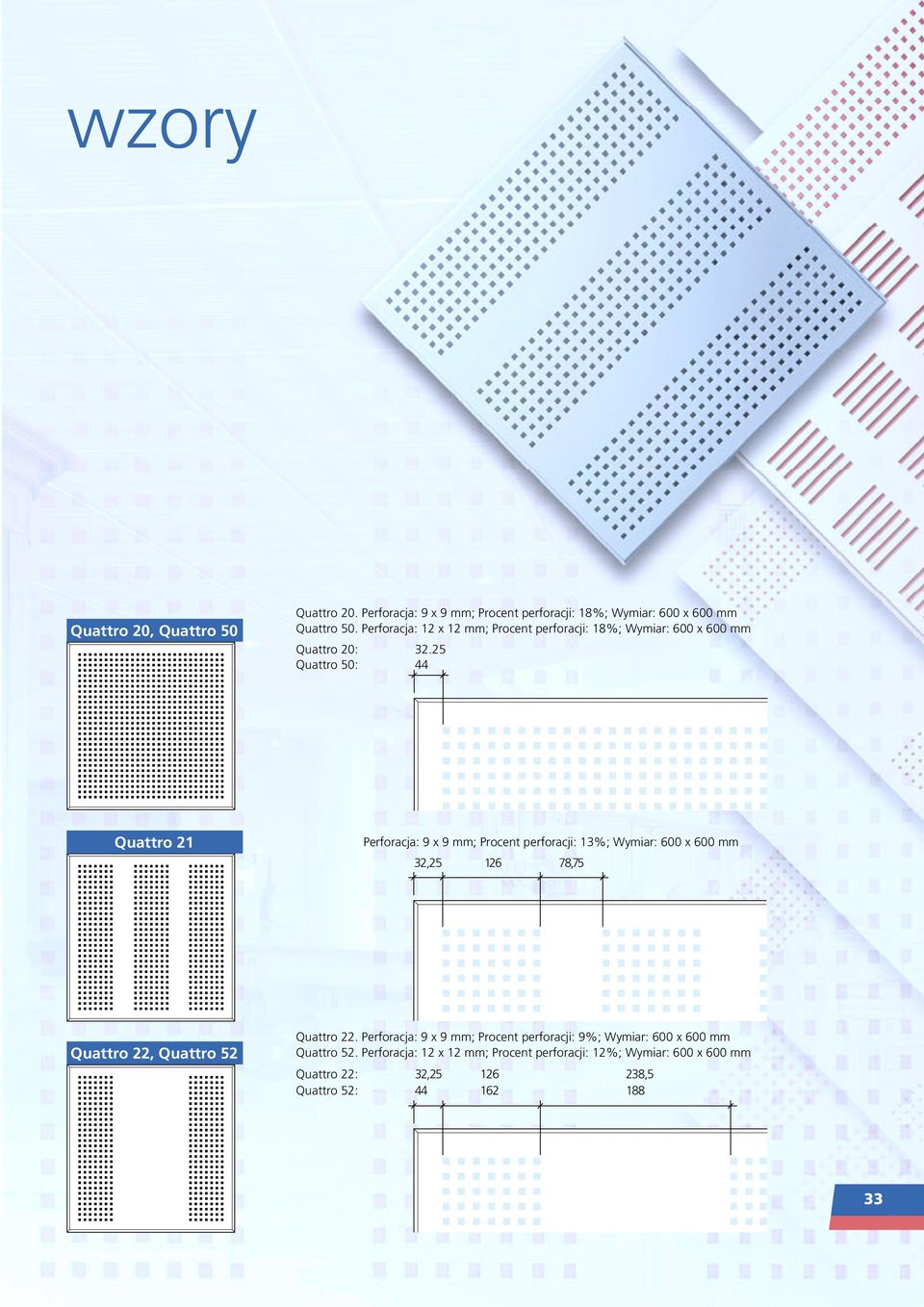 25 Quattro 50: 44 Quattro 21 Perforacja: 9 x 9 mm; Procent perforacji: 13%; Wymiar: 600 x 600 mm 32,25 126 78,75 Quattro 22, Quattro 52