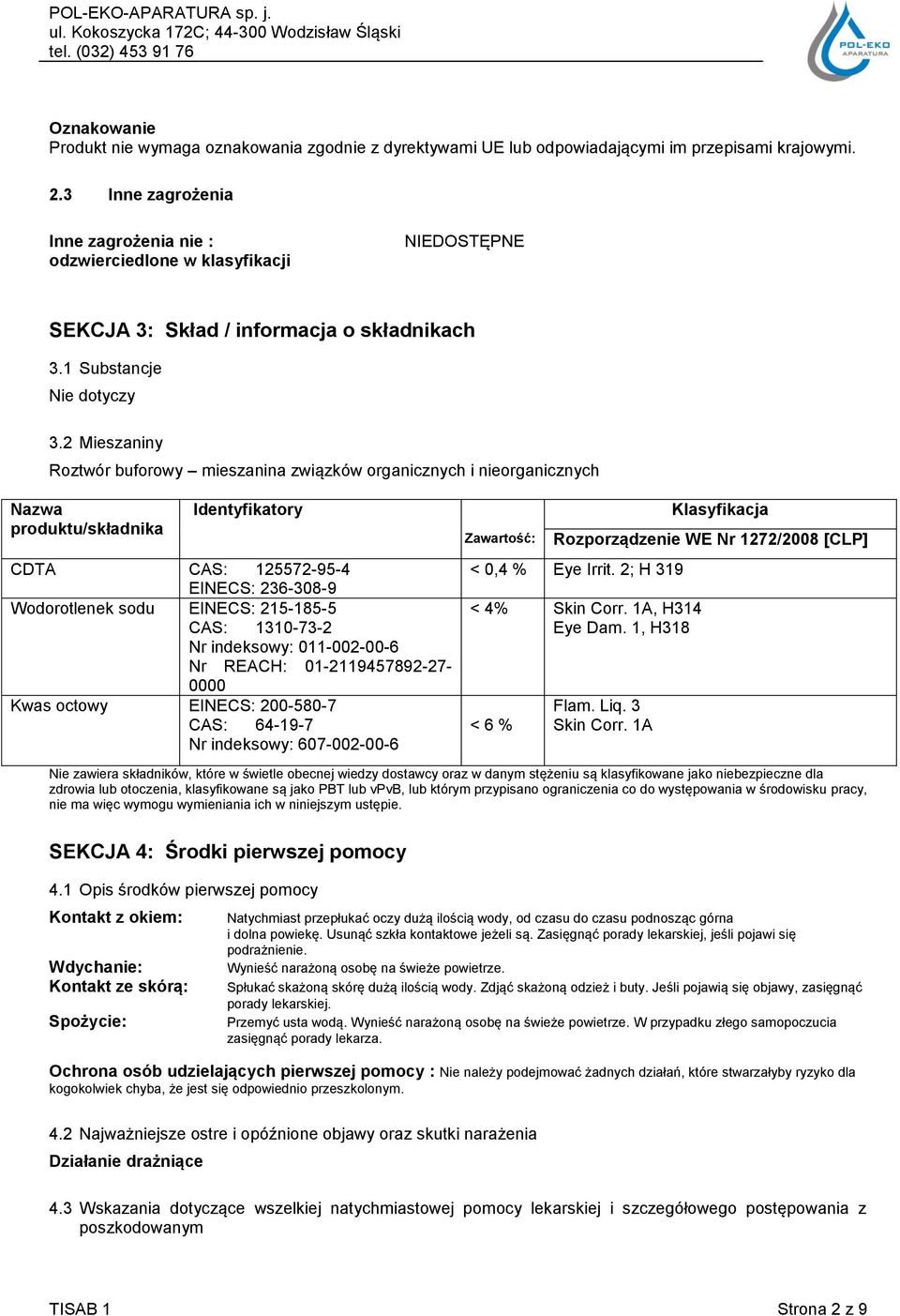 2 Mieszaniny Roztwór buforowy mieszanina związków organicznych i nieorganicznych Nazwa produktu/składnika Identyfikatory CDTA CAS: 125572-95-4 EINECS: 236-308-9 Wodorotlenek sodu EINECS: 215-185-5