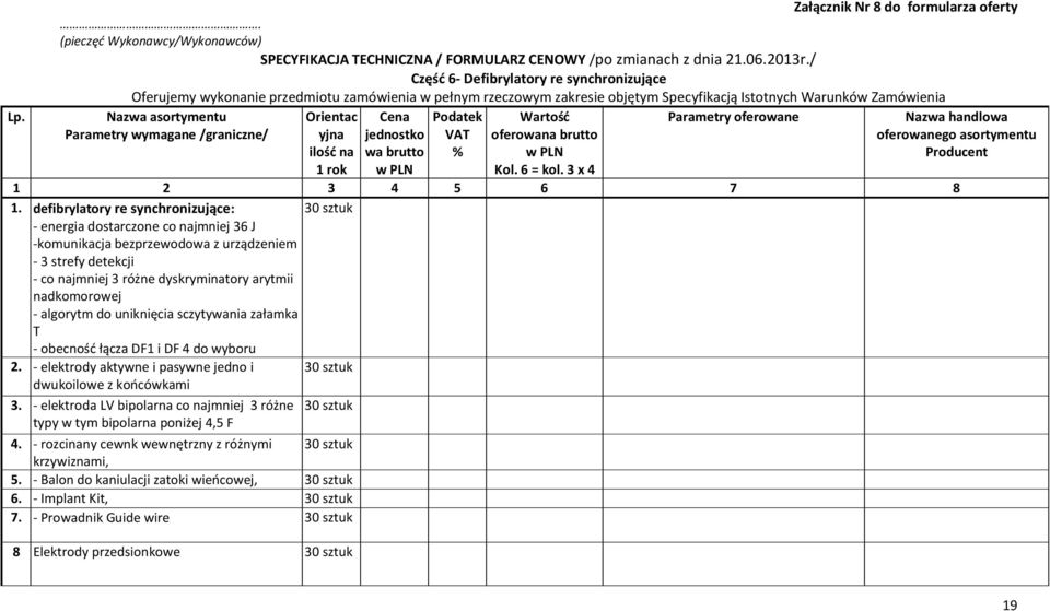 oferowane Parametry wymagane /graniczne/ Orientac yjna ilość na 1 rok Cena jednostko wa brutto w PLN Podatek VAT % Wartość oferowana brutto w PLN Kol. 6 = kol.