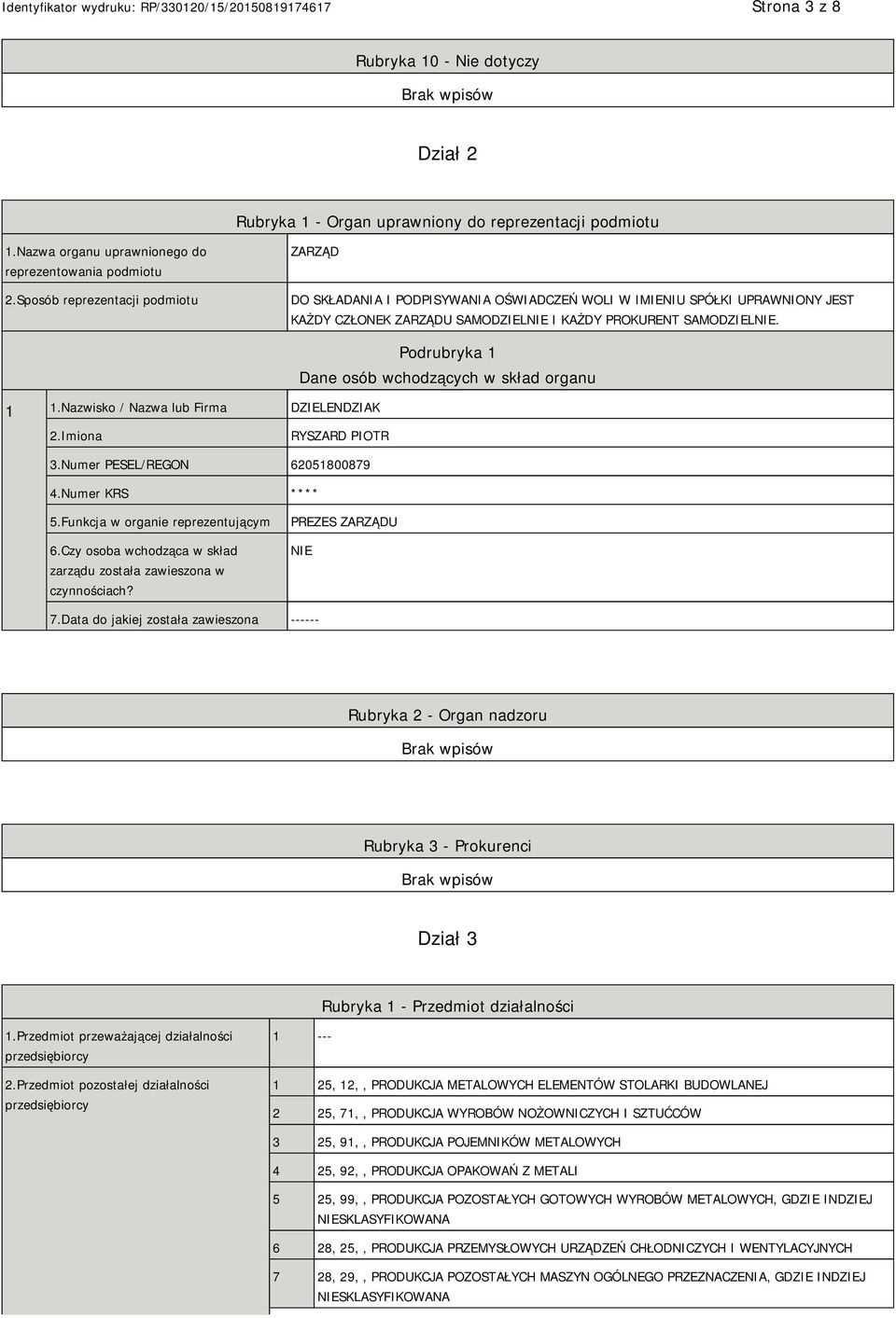 Nazwisko / Nazwa lub Firma DZIELENDZIAK Podrubryka 1 Dane osób wchodzących w skład organu 2.Imiona RYSZARD PIOTR 3.Numer PESEL/REGON 62051800879 4.Numer KRS **** 5.Funkcja w organie reprezentującym 6.