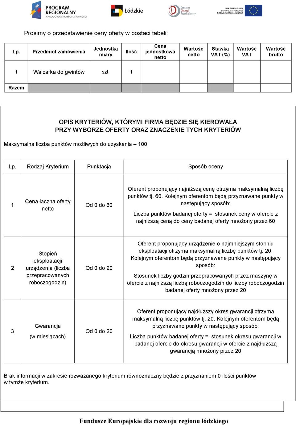Rodzaj Kryterium Punktacja Sposób oceny 1 Cena łączna oferty Od 0 do 60 