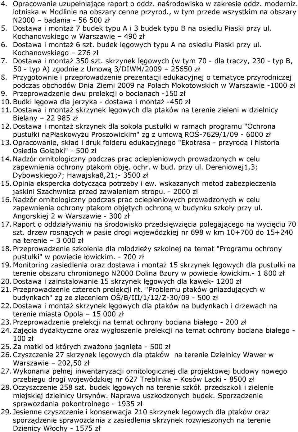 Kochanowskiego 276 zł 7. Dostawa i montaŝ 350 szt. skrzynek lęgowych (w tym 70 - dla traczy, 230 - typ B, 50 - typ A) zgodnie z Umową 3/DIWM/2009 25650 zł 8.