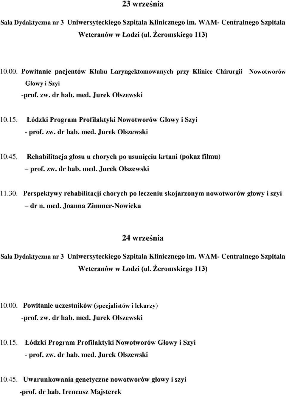Rehabilitacja głosu u chorych po usunięciu krtani (pokaz filmu) prof. zw. dr hab. med. Jurek Olszewski 11.30. Perspektywy rehabilitacji chorych po leczeniu skojarzonym nowotworów głowy i szyi dr n.