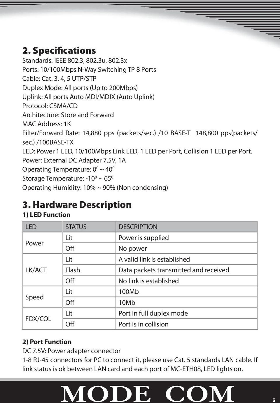 (packets/sec.) /10 BASE-T 148,800 pps(packets/ sec.) /100BASE-TX LED: Power 1 LED, 10/100Mbps Link LED, 1 LED per Port, Collision 1 LED per Port. Power: External DC Adapter 7.
