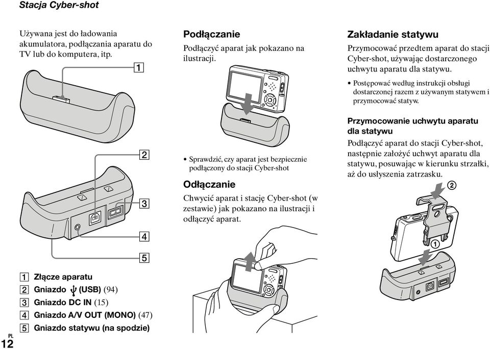 Sprawdzić, czy aparat jest bezpiecznie podłączony do stacji Cyber-shot Odłączanie Chwycić aparat i stację Cyber-shot (w zestawie) jak pokazano na ilustracji i odłączyć aparat.