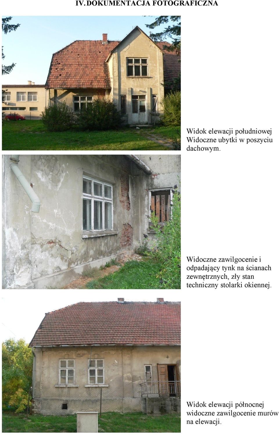 Widoczne zawilgocenie i odpadający tynk na ścianach zewnętrznych,