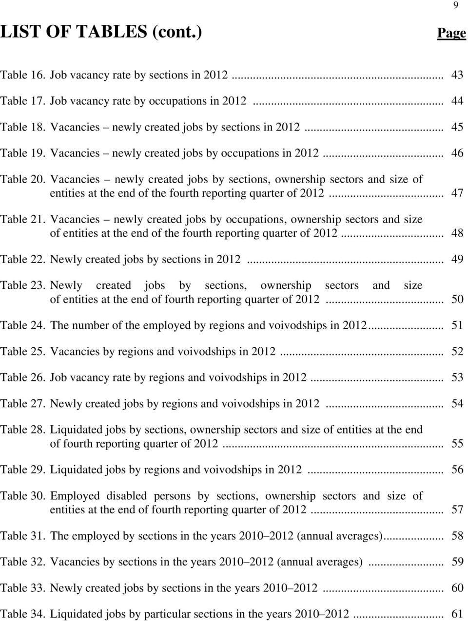 Vacancies newly created jobs by sections, ownership sectors and size of entities at the end of the fourth reporting quarter of 2012... 47 Table 21.