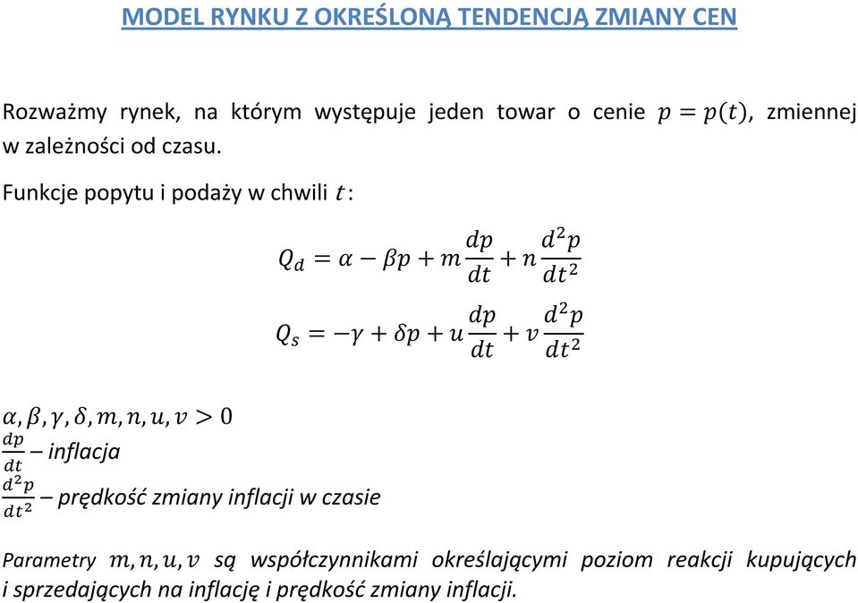 Funkcje popytu i podaży w chwili t :,,,,,,, >0 inflacja prędkość zmiany inflacji w czasie =